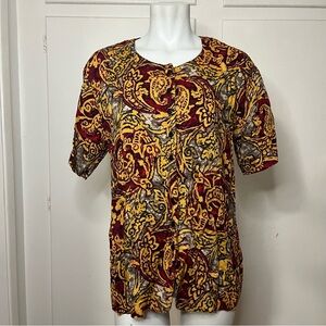 Vintage 90s Red Yellow Hawaiian Abstract Print Rayon Button Up Shirt